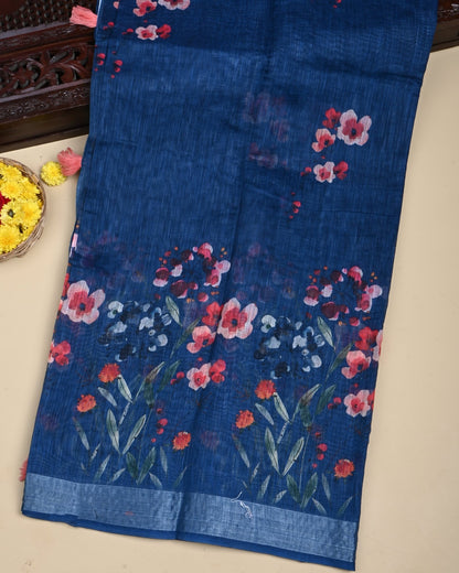 Navy Blue Color Lenin Saree - Shop Vastram