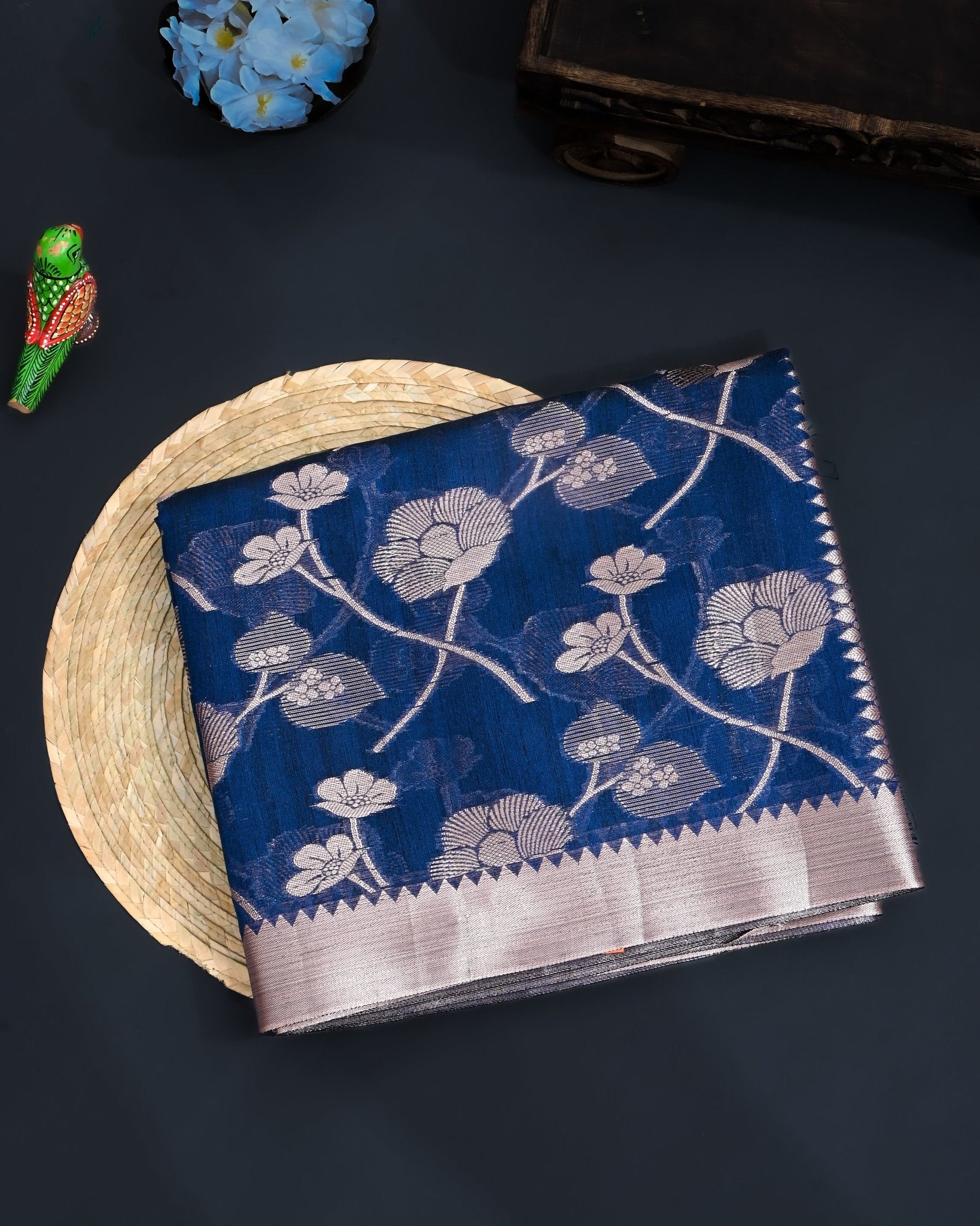 Navy Blue Silk Banarasi Saree - Shop Vastram