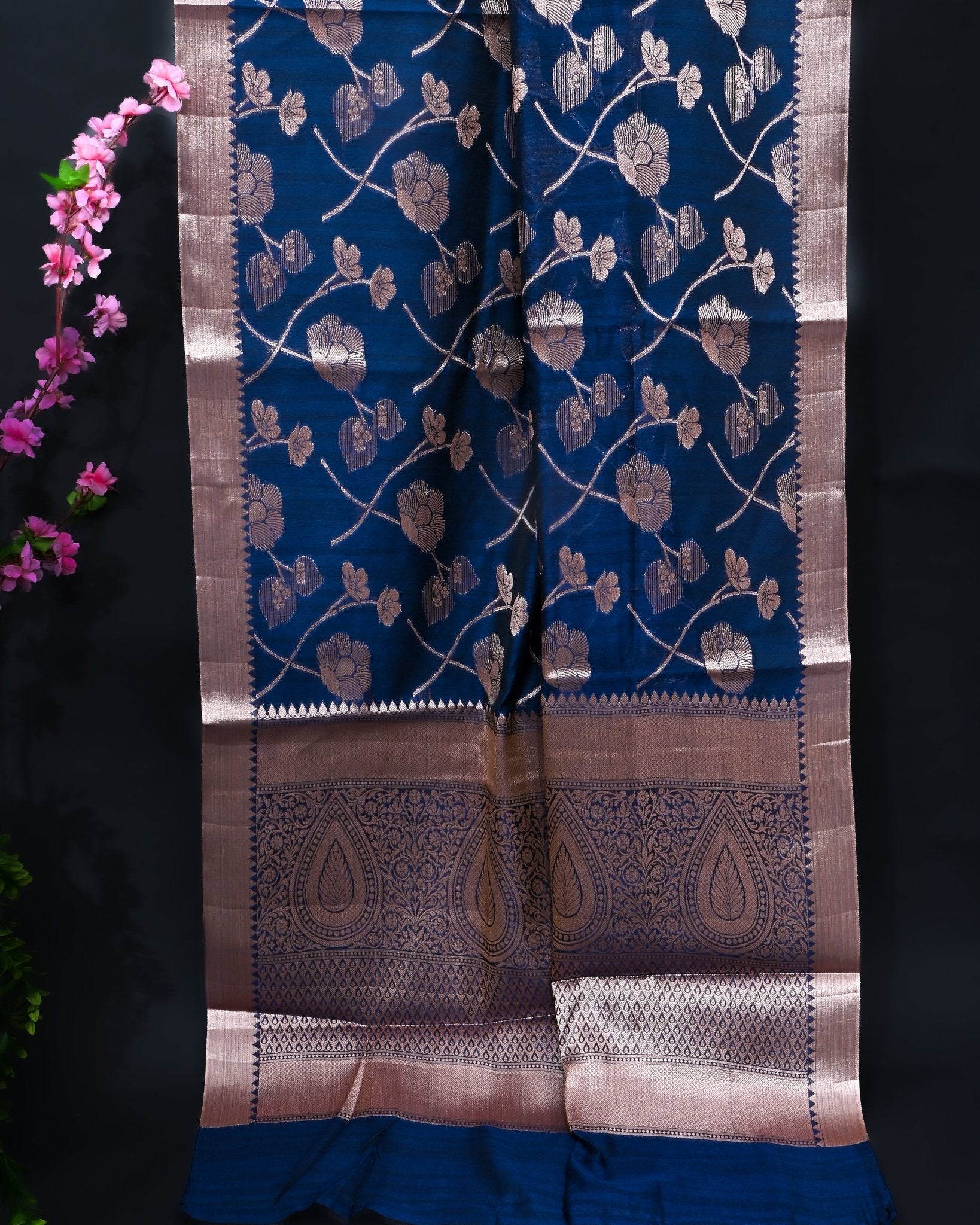 Navy Blue Silk Banarasi Saree - Shop Vastram