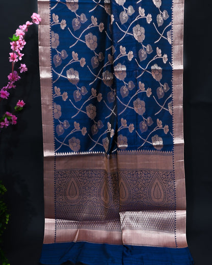 Navy Blue Silk Banarasi Saree - Shop Vastram