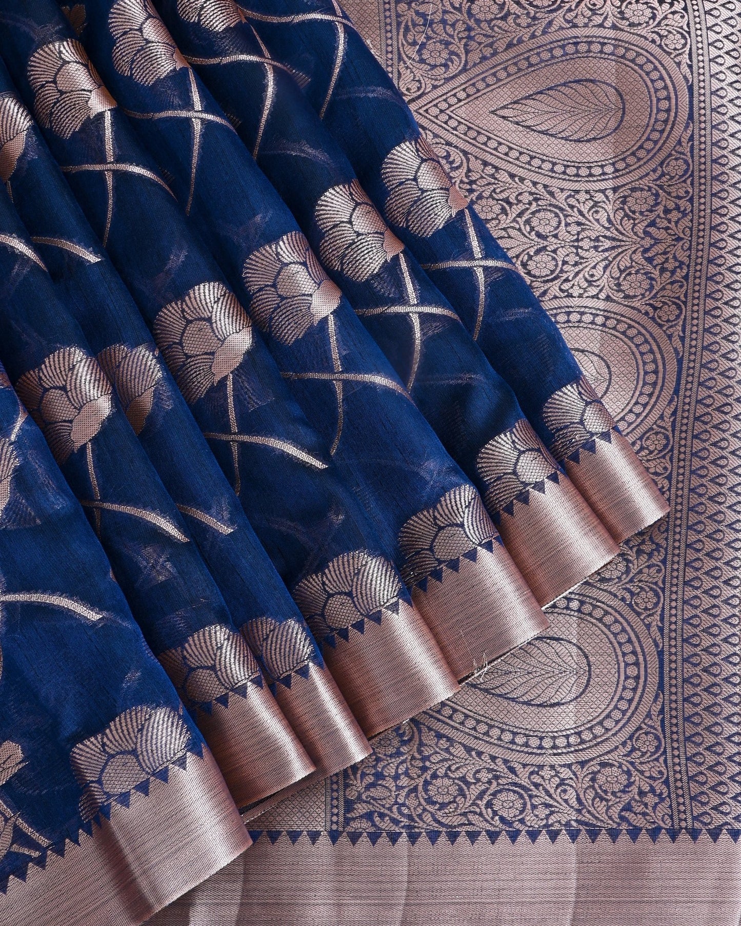 Navy Blue Silk Banarasi Saree - Shop Vastram