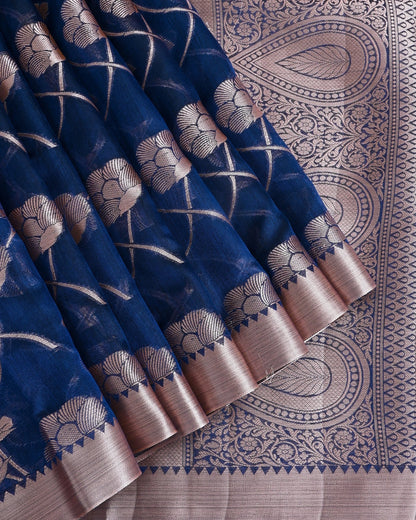 Navy Blue Silk Banarasi Saree - Shop Vastram