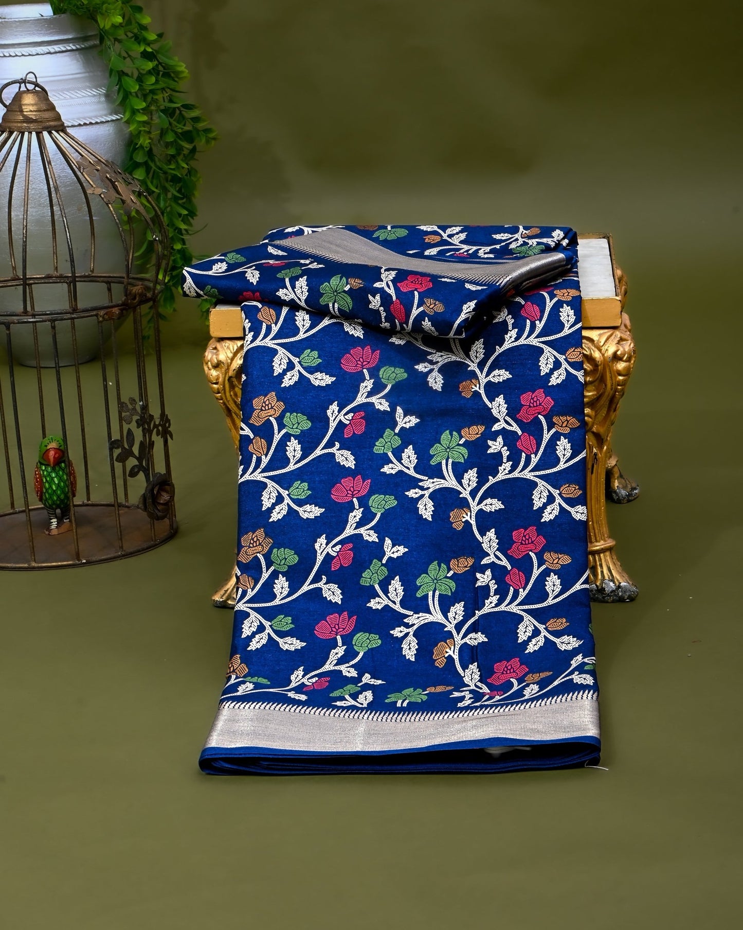 Navy Blue Silk Printed Saree - Shop Vastram