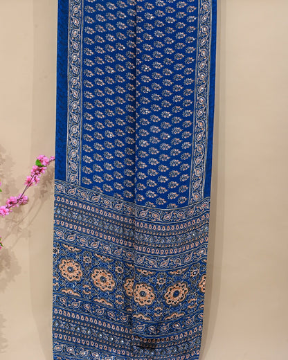 Navy Blue Silk Printed Saree - Shop Vastram