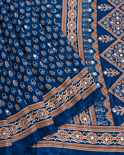 Navy Blue Silk Printed Saree - Shop Vastram