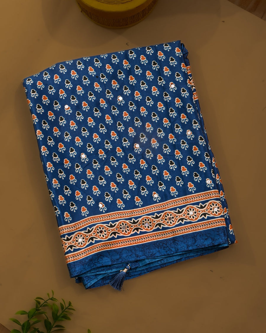 Navy Blue Silk Printed Saree - Shop Vastram