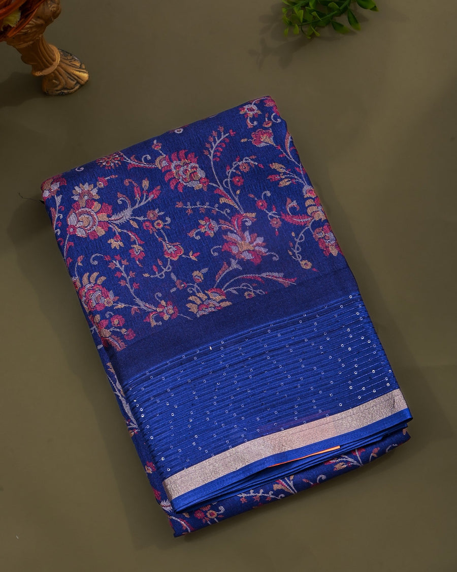 Navy Blue Silk Printed Saree - Shop Vastram
