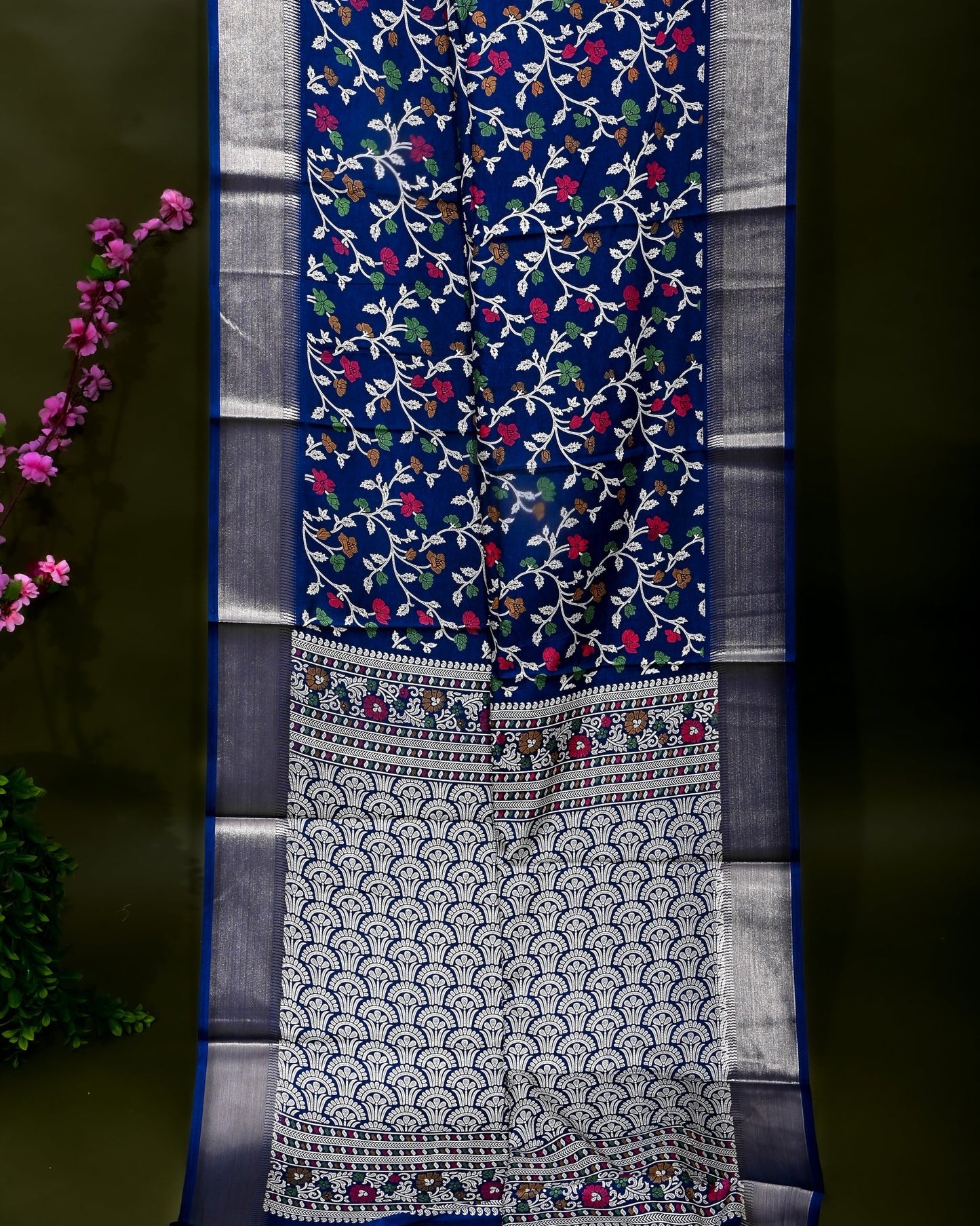 Navy Blue Silk Printed Saree - Shop Vastram