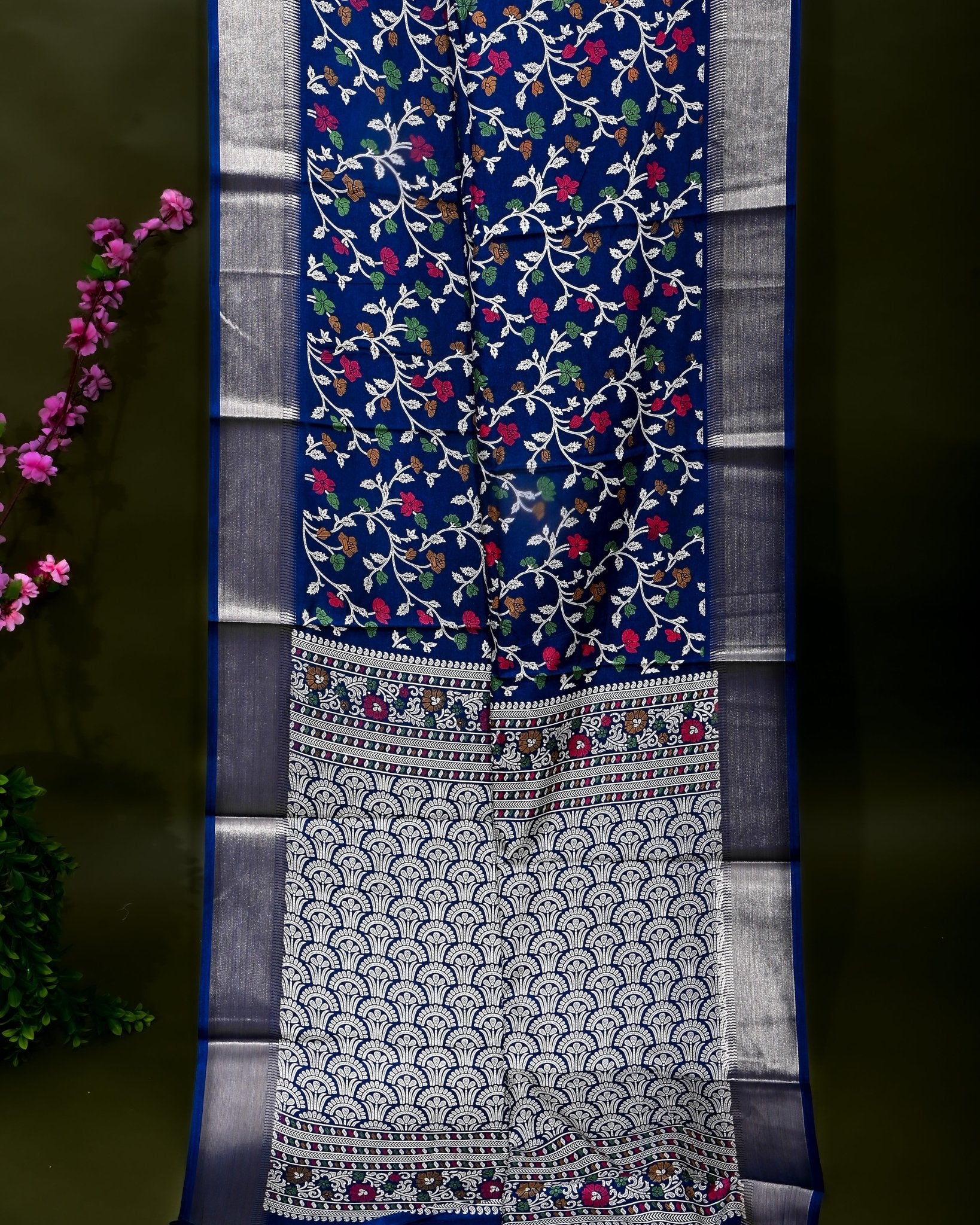 Navy Blue Silk Printed Saree - Shop Vastram