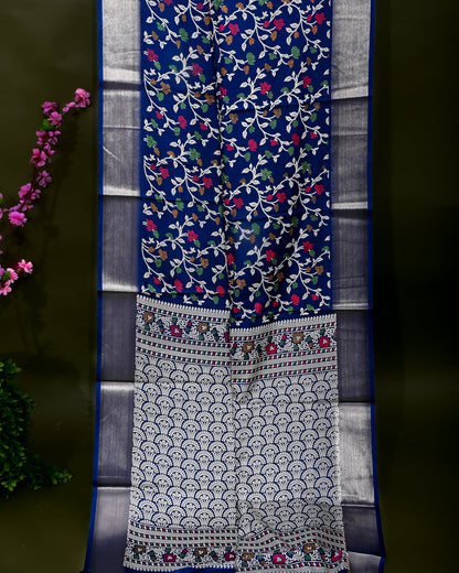 Navy Blue Silk Printed Saree - Shop Vastram