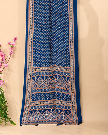 Navy Blue Silk Printed Saree - Shop Vastram