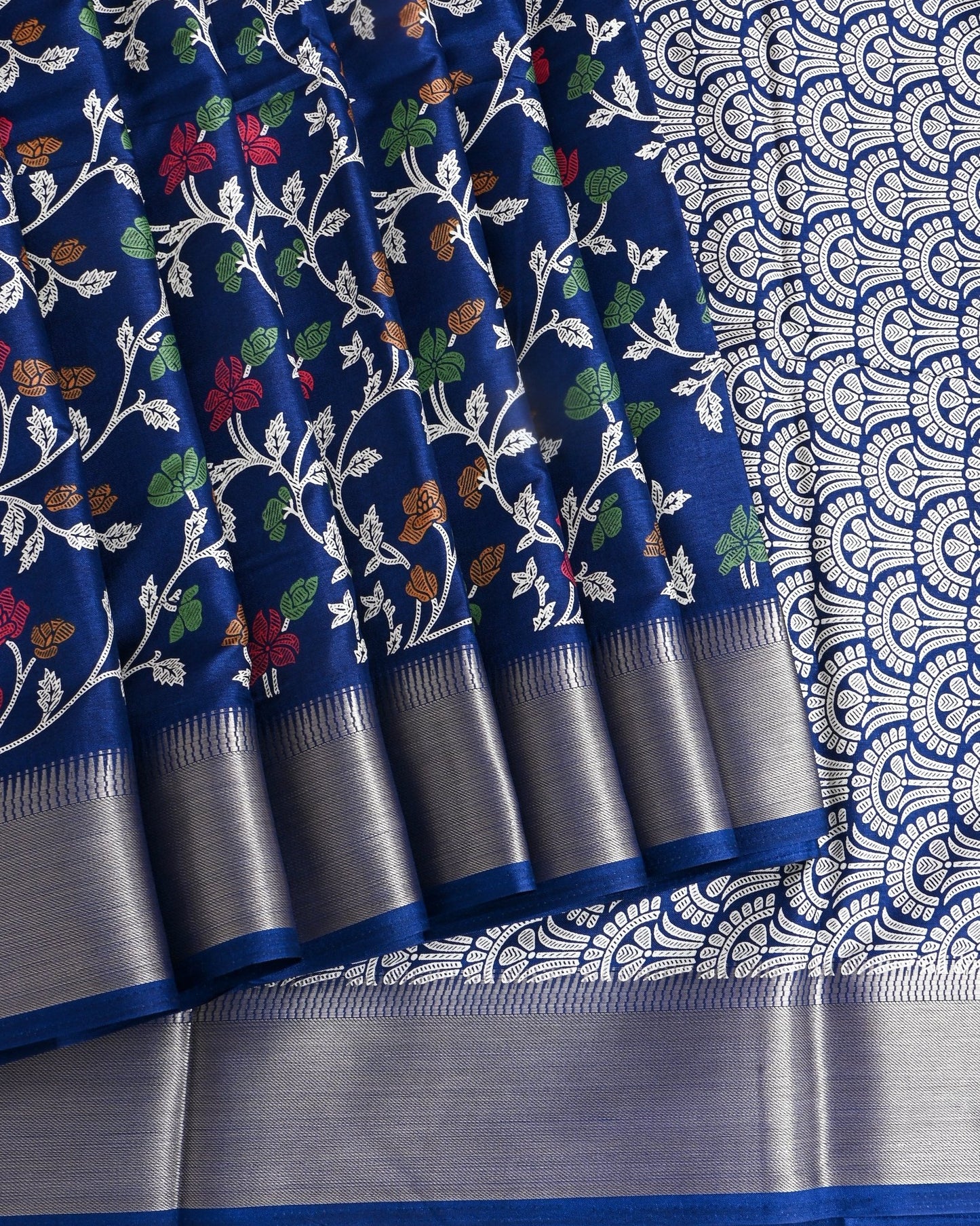 Navy Blue Silk Printed Saree - Shop Vastram