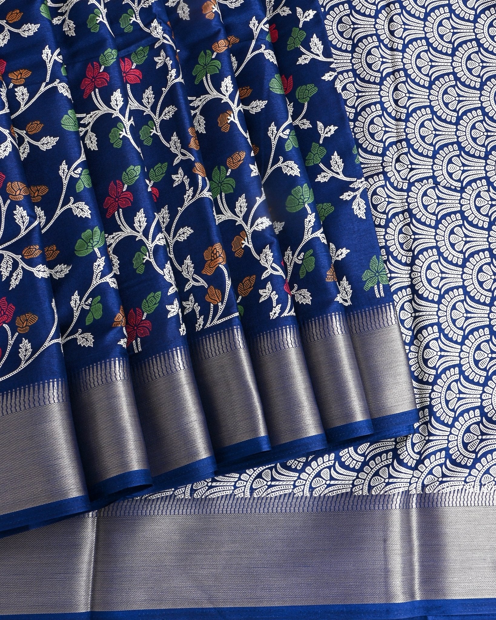 Navy Blue Silk Printed Saree - Shop Vastram