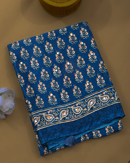Navy Blue Silk Printed Saree - Shop Vastram