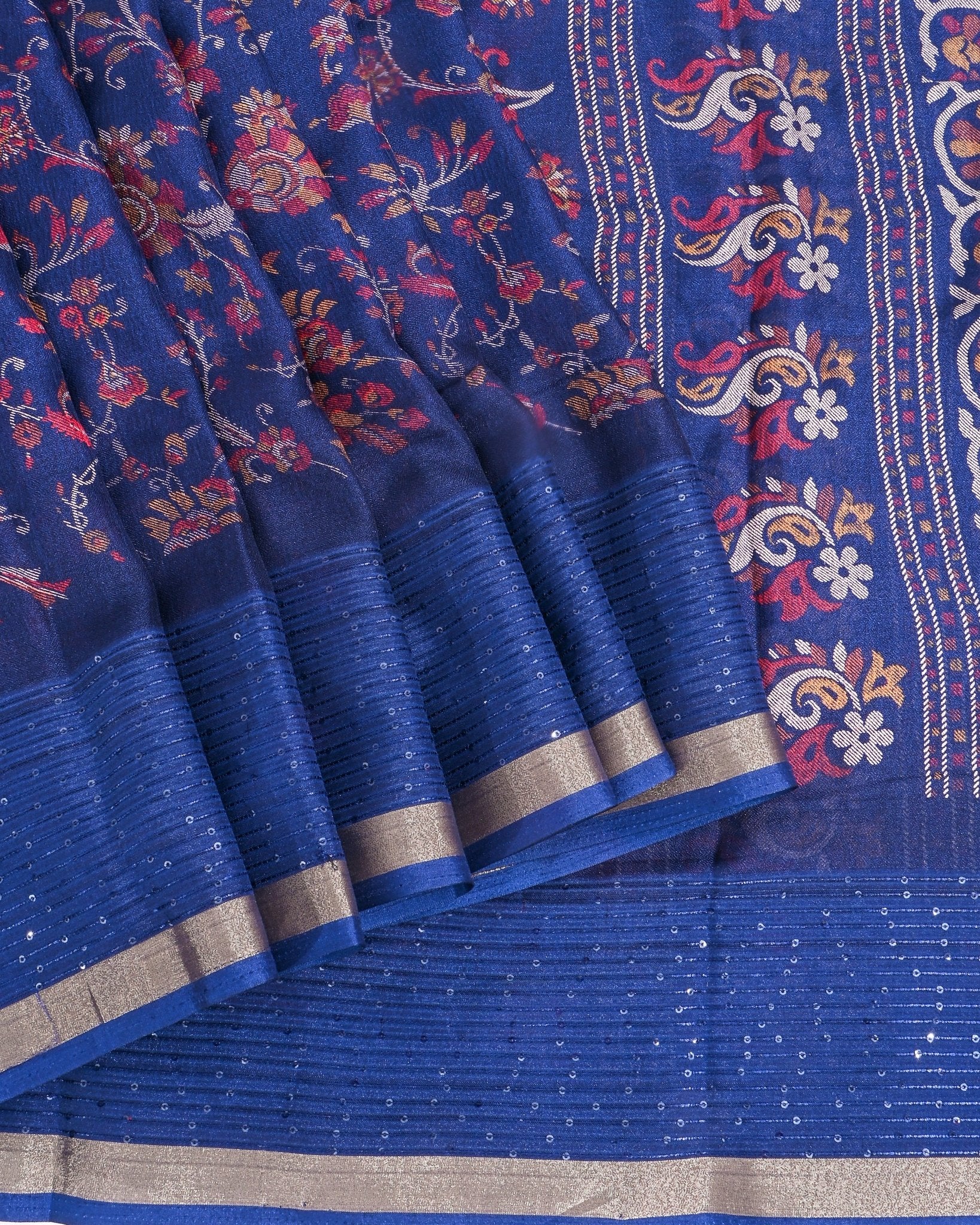 Navy Blue Silk Printed Saree - Shop Vastram