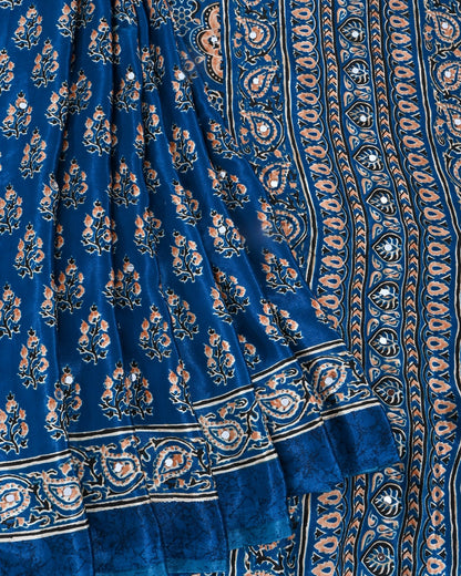 Navy Blue Silk Printed Saree - Shop Vastram