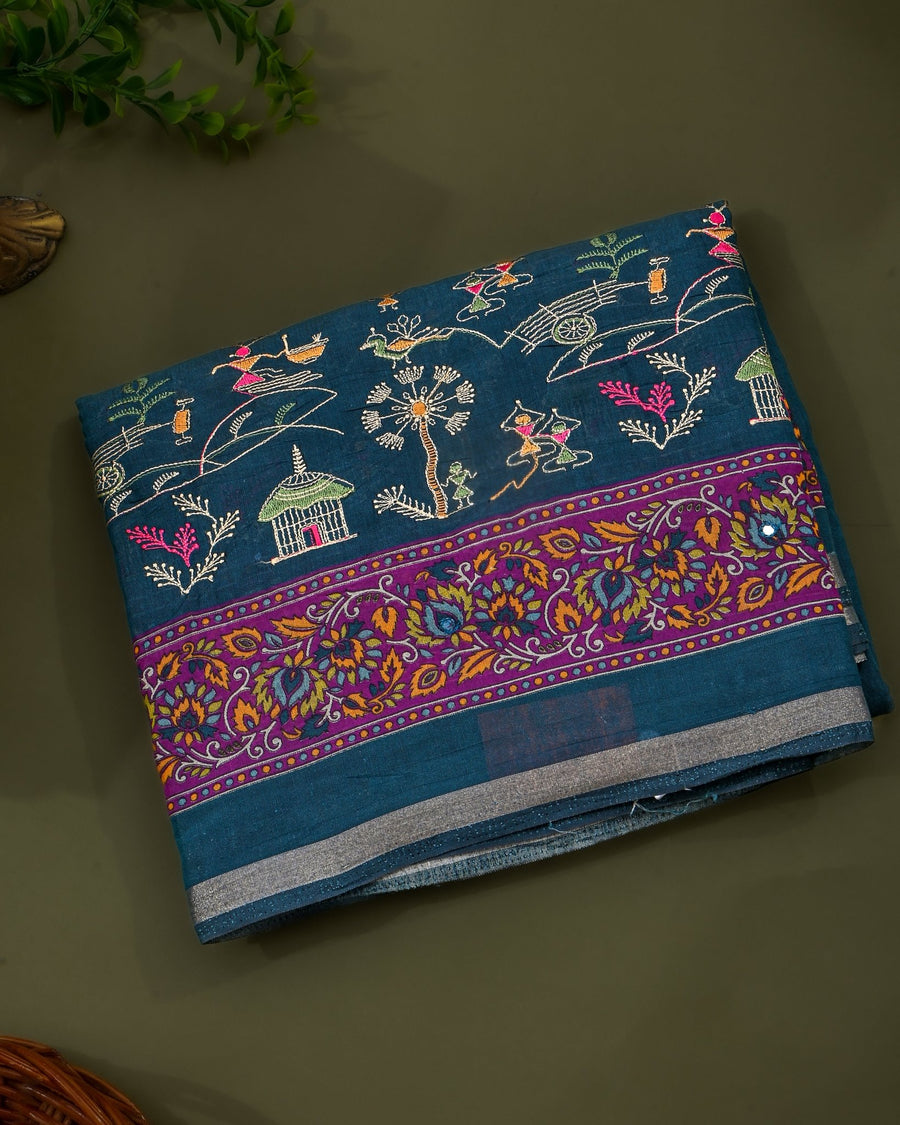 Navya Blue Chanderi Embroidery Saree - Shop Vastram