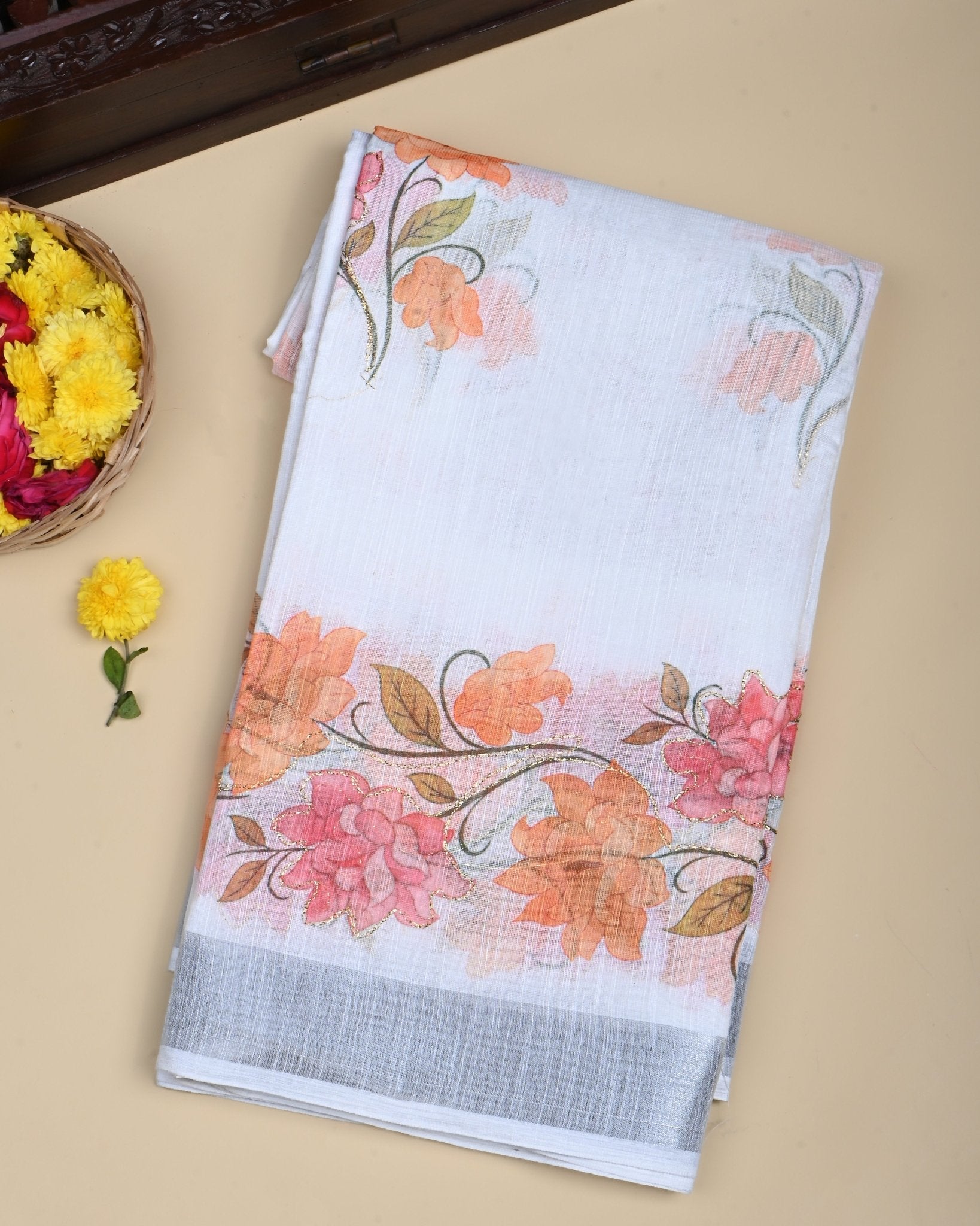 Off White Color Lenin Saree - Shop Vastram