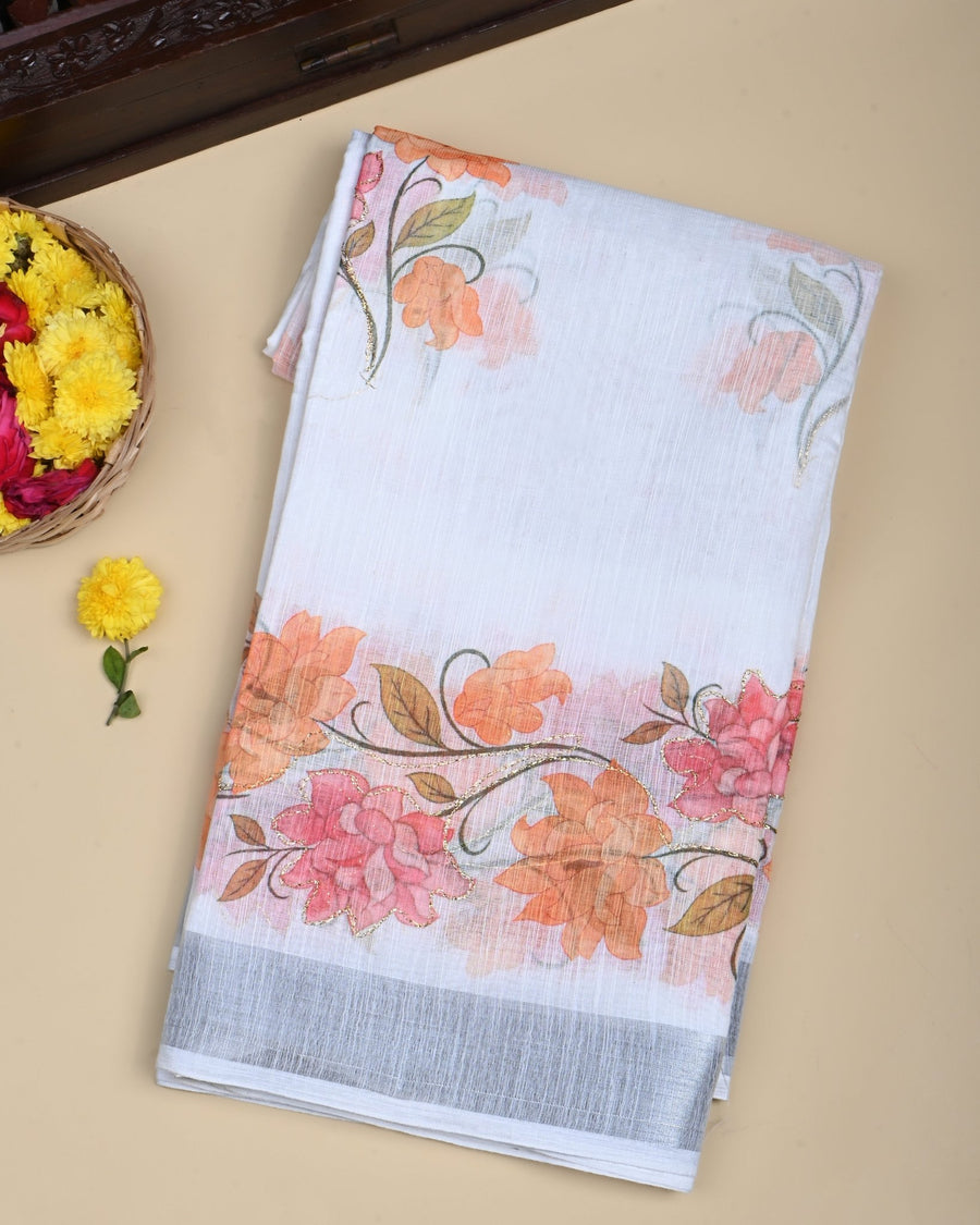 Off White Color Lenin Saree - Shop Vastram