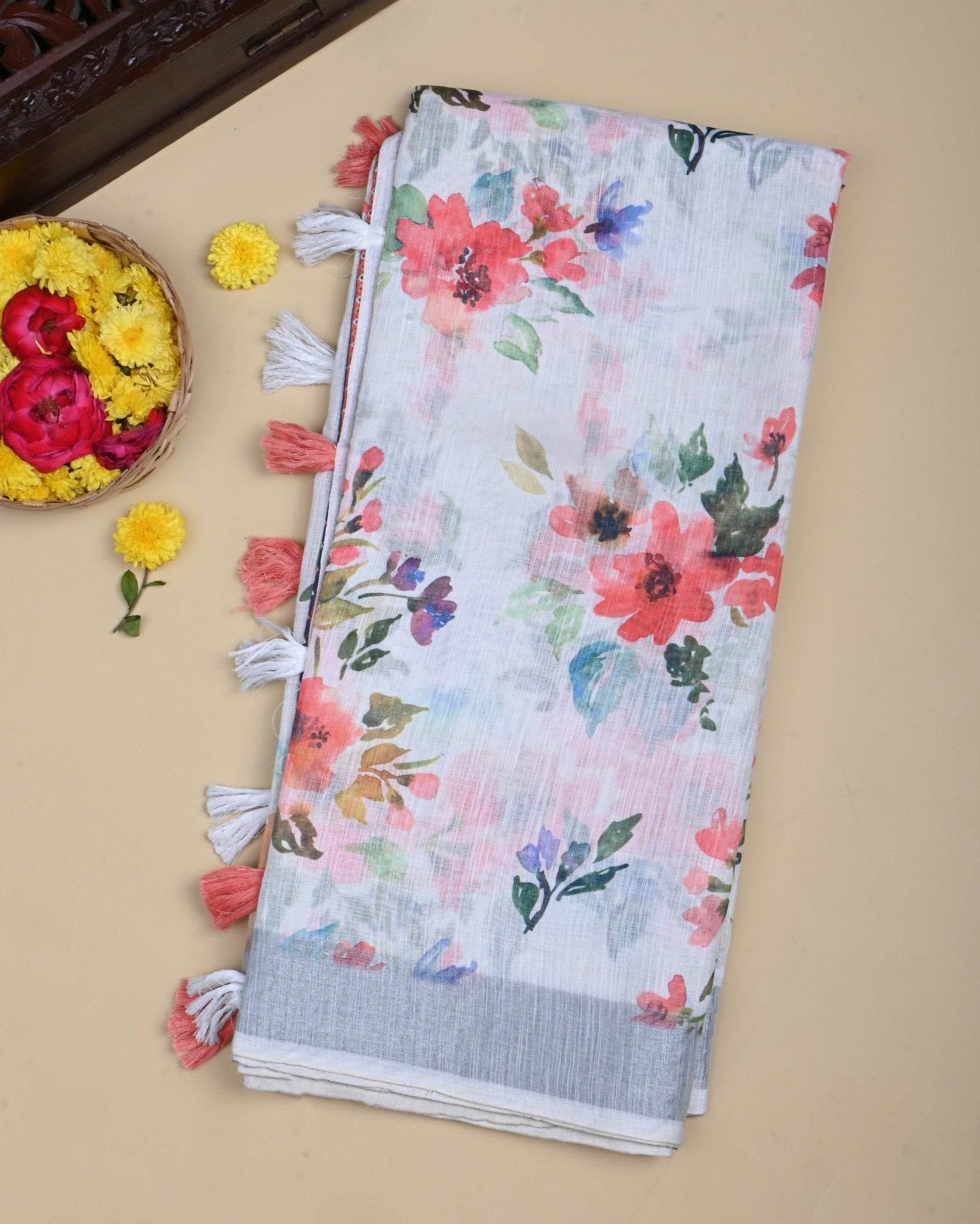 Off White Color Lenin Saree - Shop Vastram