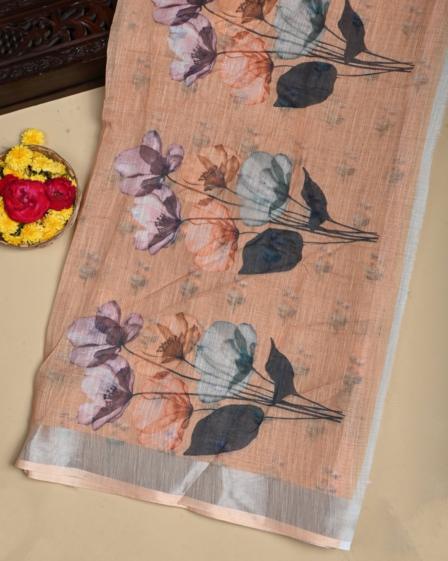 Off White Color Lenin Saree - Shop Vastram