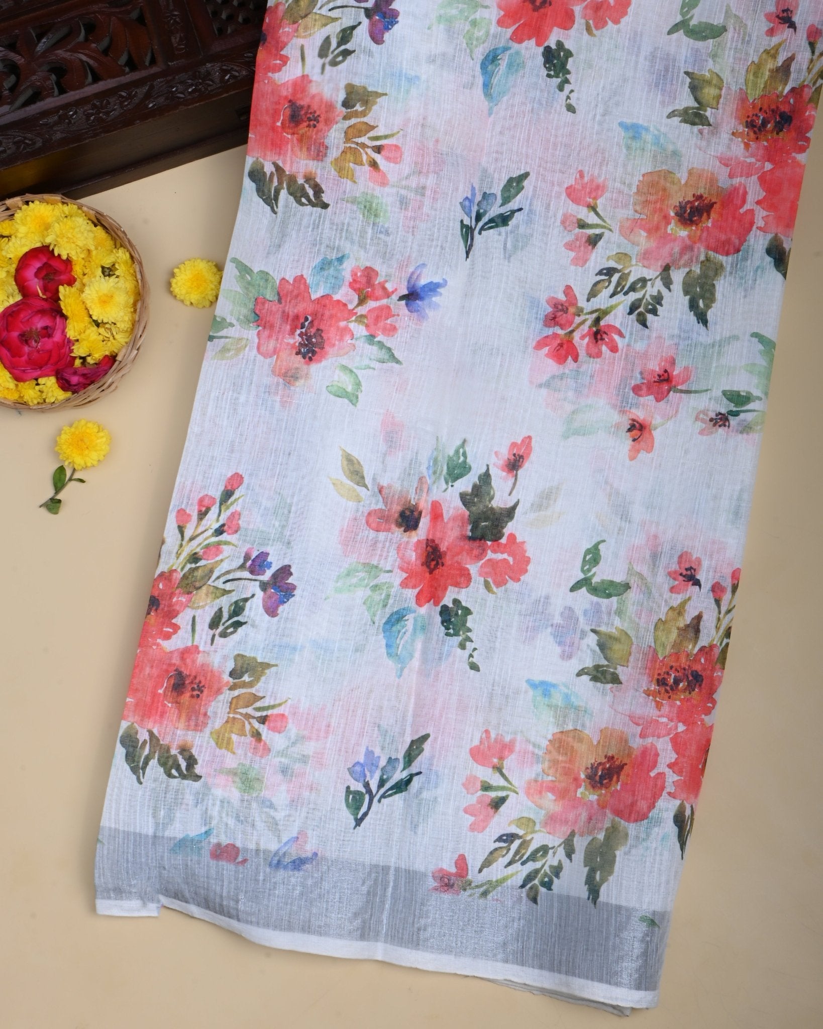 Off White Color Lenin Saree - Shop Vastram