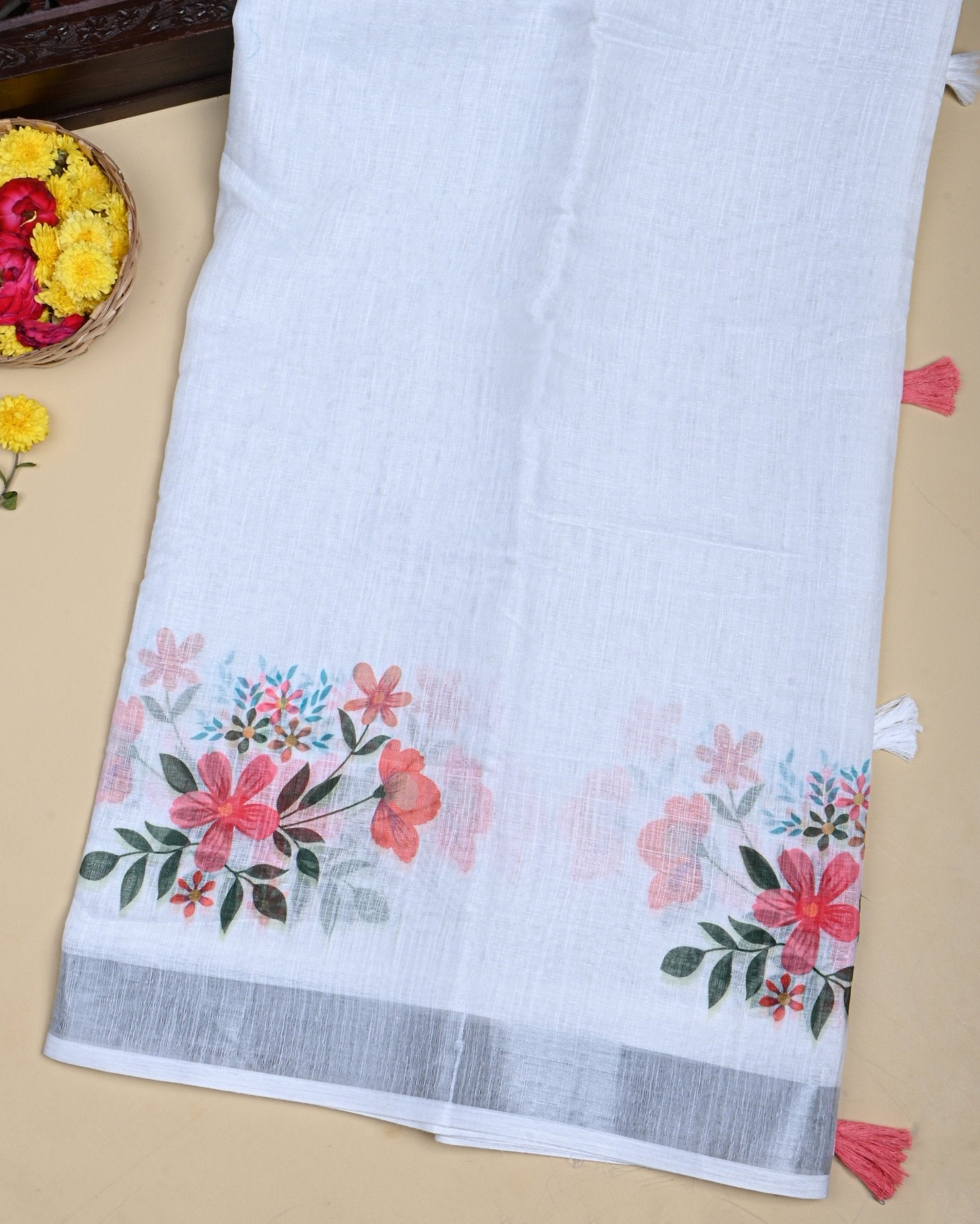 Off White Color Lenin Saree - Shop Vastram