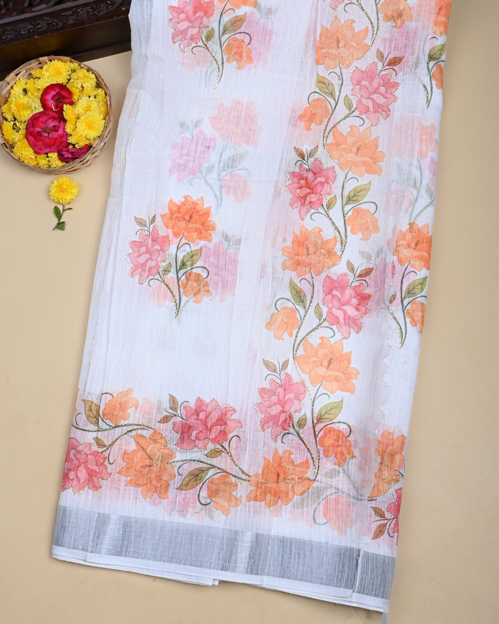 Off White Color Lenin Saree - Shop Vastram