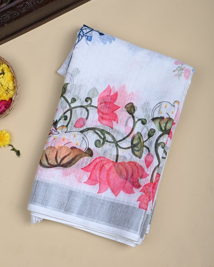 Off White Color Lenin Saree - Shop Vastram