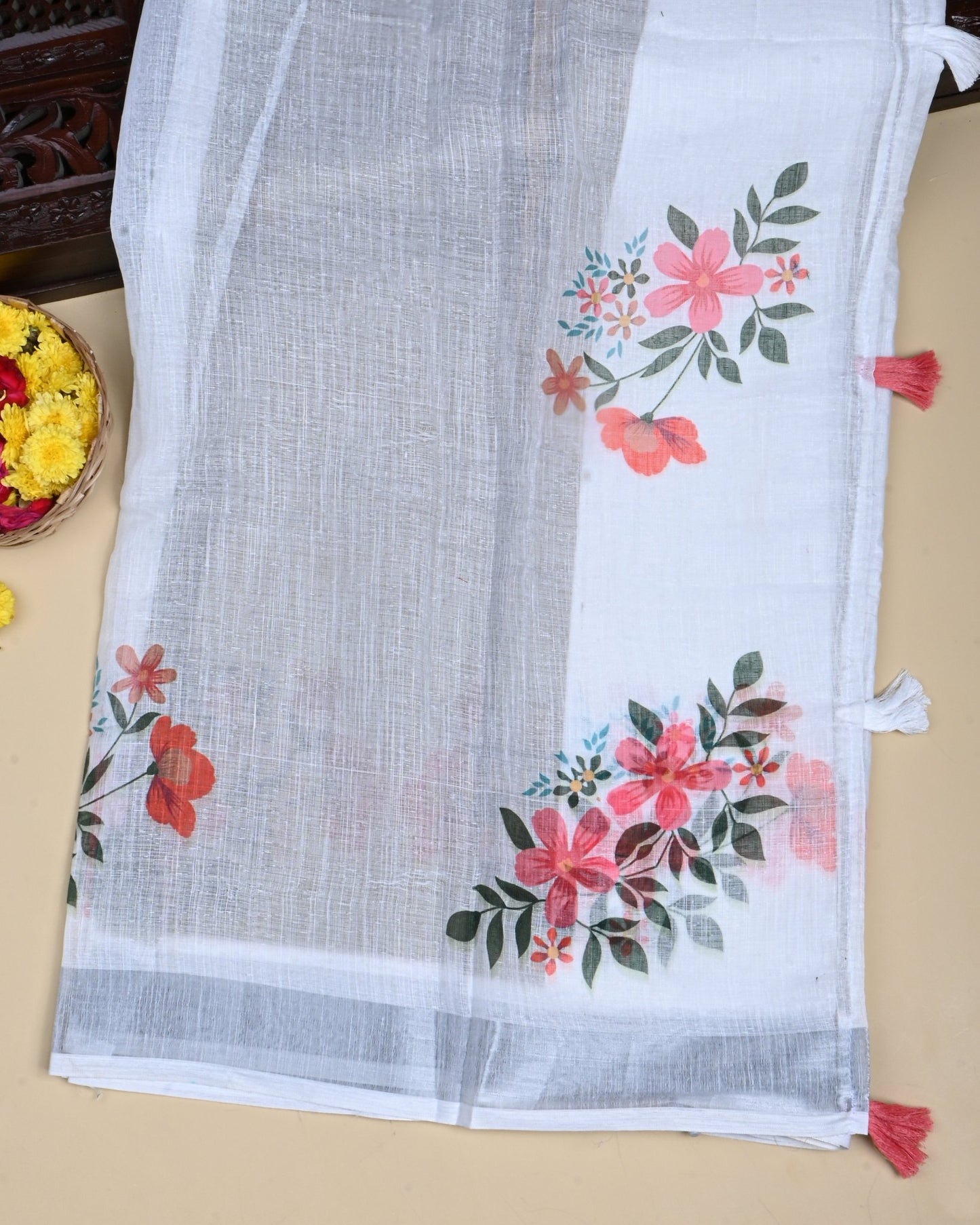 Off White Color Lenin Saree - Shop Vastram