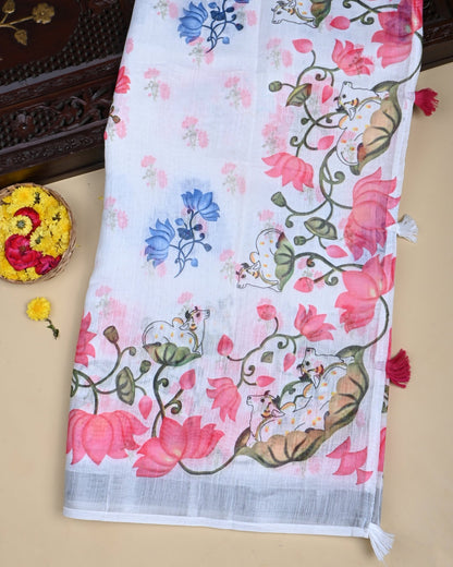 Off White Color Lenin Saree - Shop Vastram