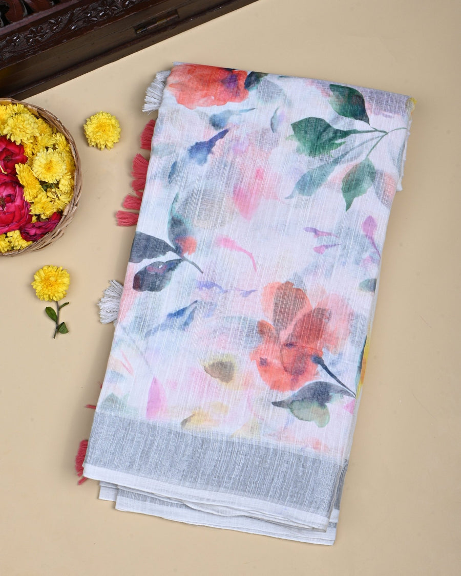 Off White Color Lenin Saree - Shop Vastram