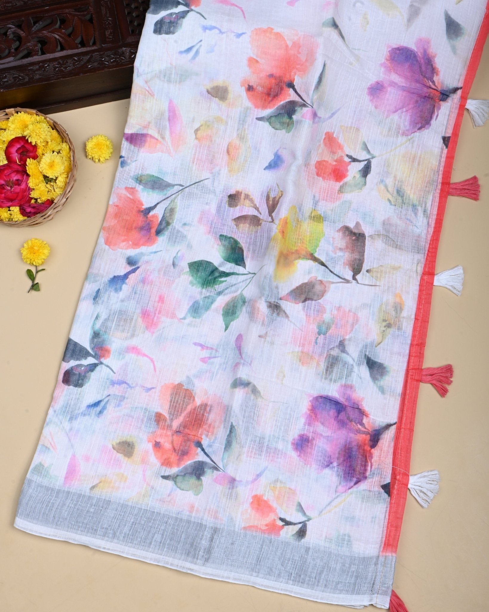 Off White Color Lenin Saree - Shop Vastram