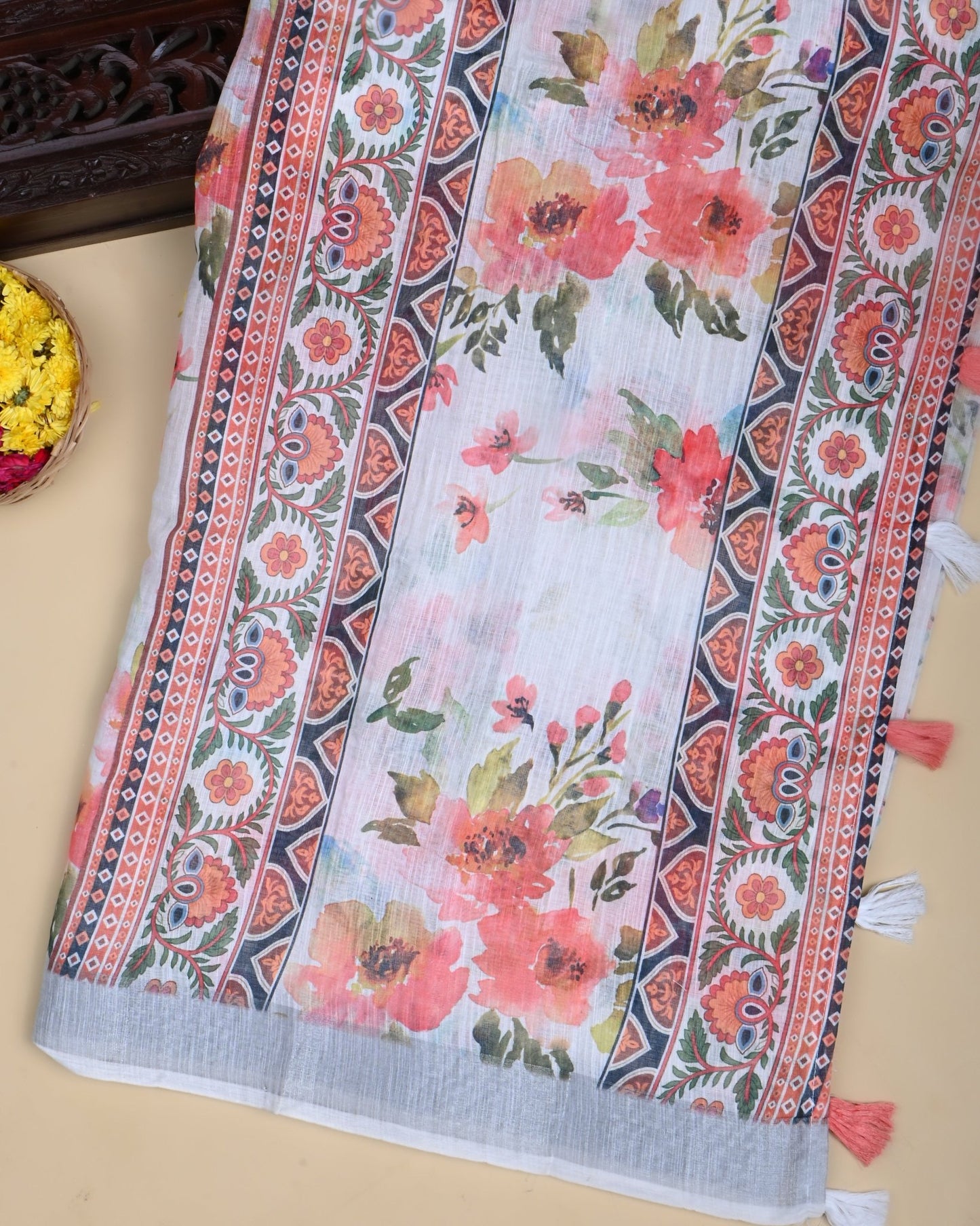 Off White Color Lenin Saree - Shop Vastram