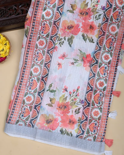 Off White Color Lenin Saree - Shop Vastram