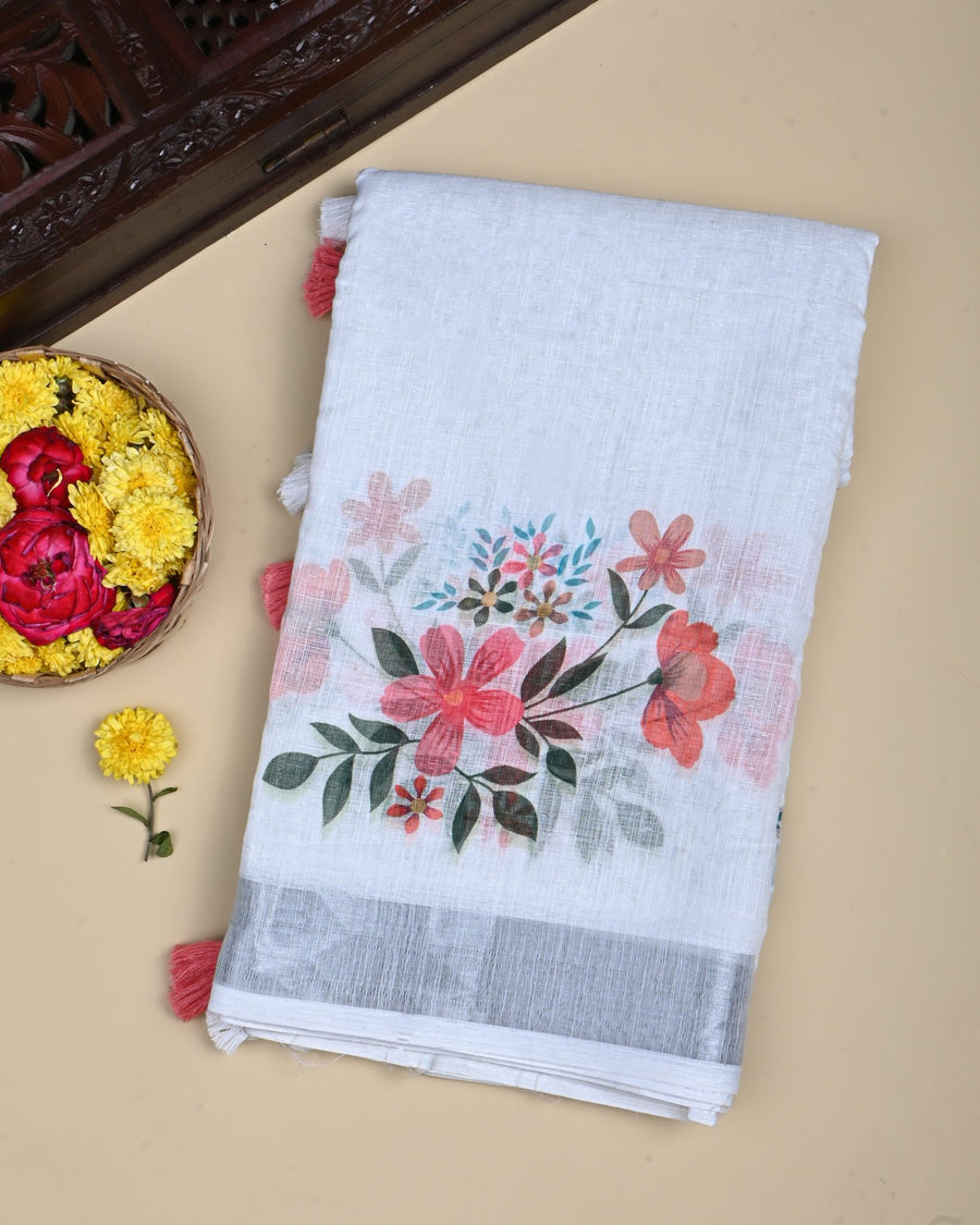 Off White Color Lenin Saree - Shop Vastram