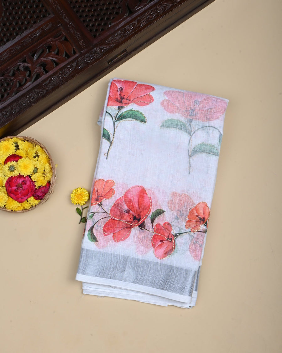 Off White Color Lenin Saree - Shop Vastram
