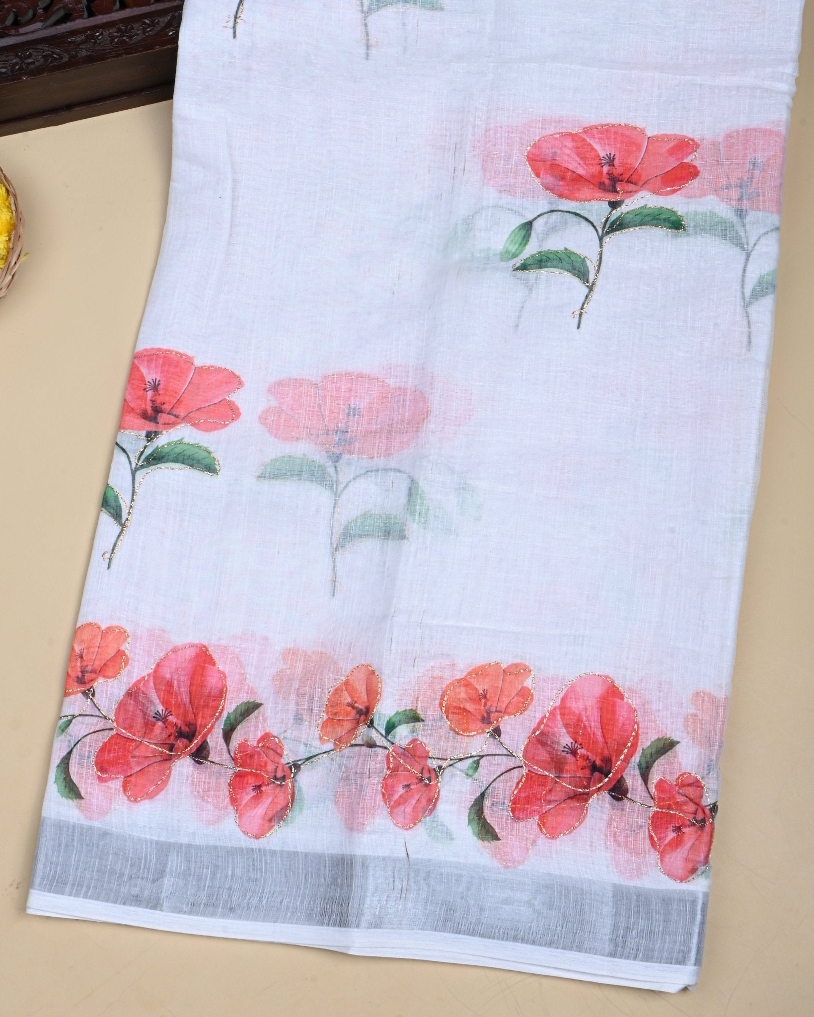 Off White Color Lenin Saree - Shop Vastram