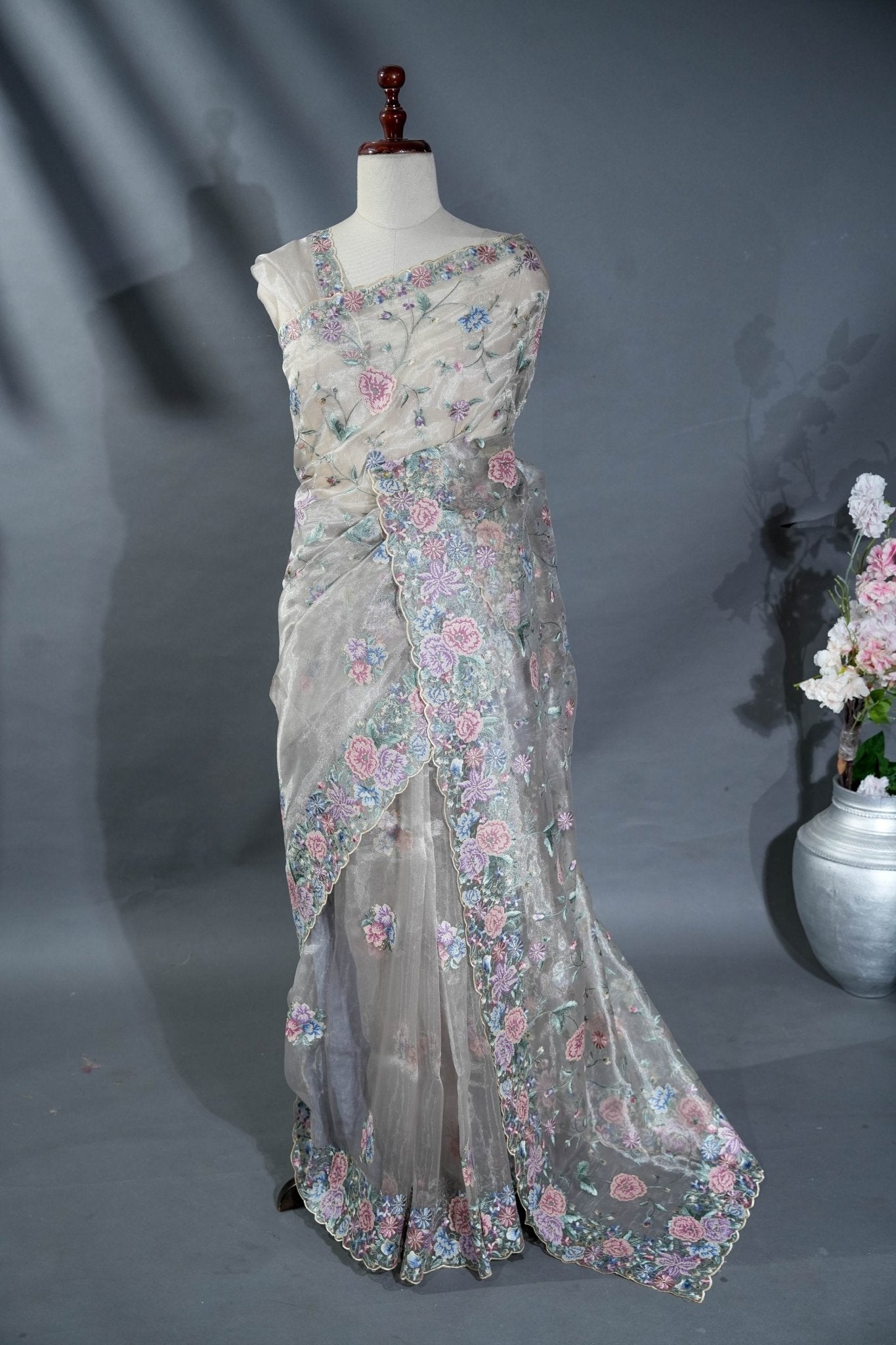 Off White Embroidery Organza Saree - Shop Vastram