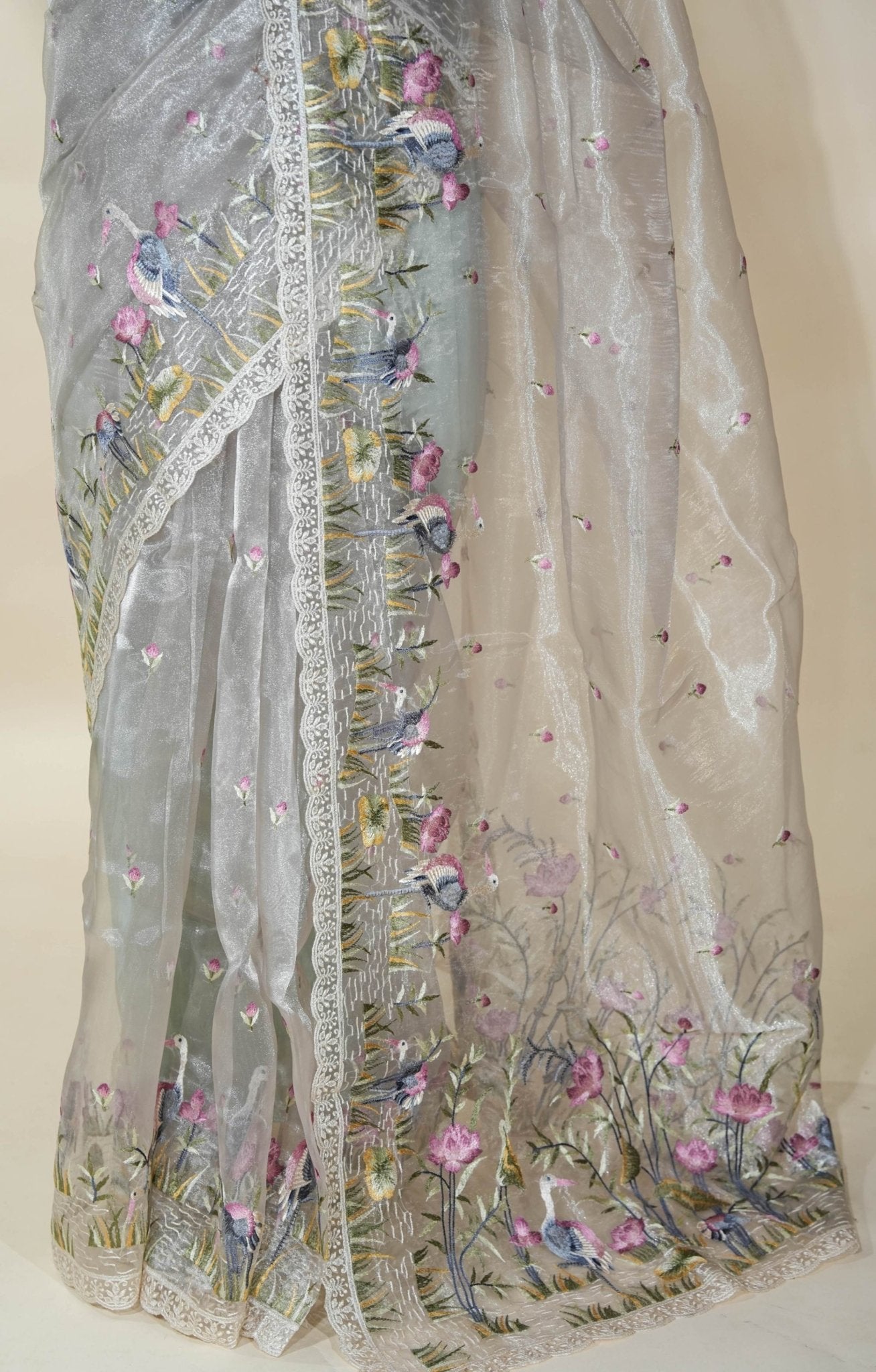 Off White Embroidery Organza Saree - Shop Vastram