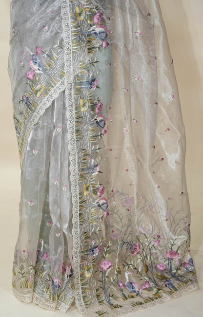 Off White Embroidery Organza Saree - Shop Vastram
