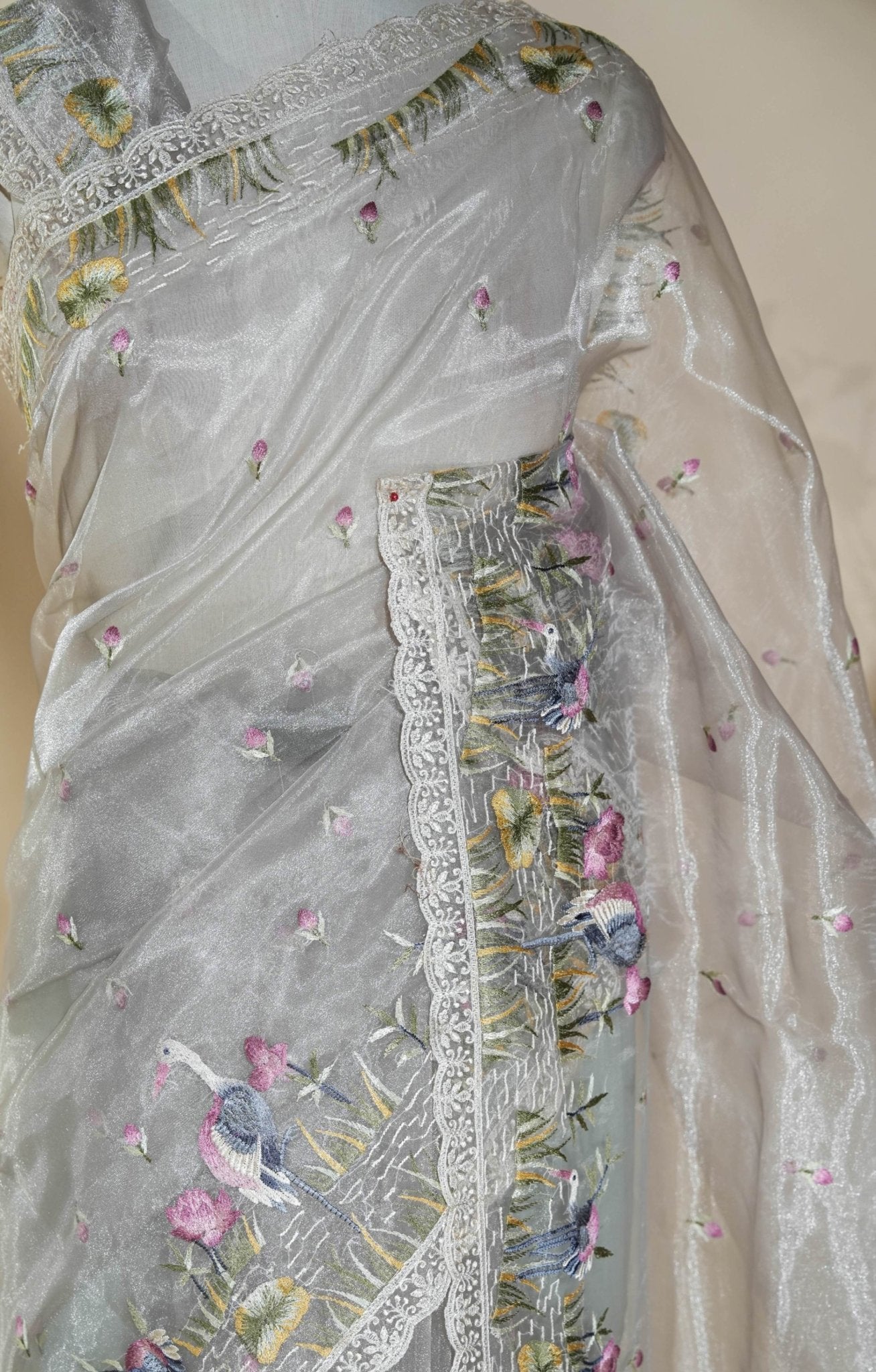 Off White Embroidery Organza Saree - Shop Vastram