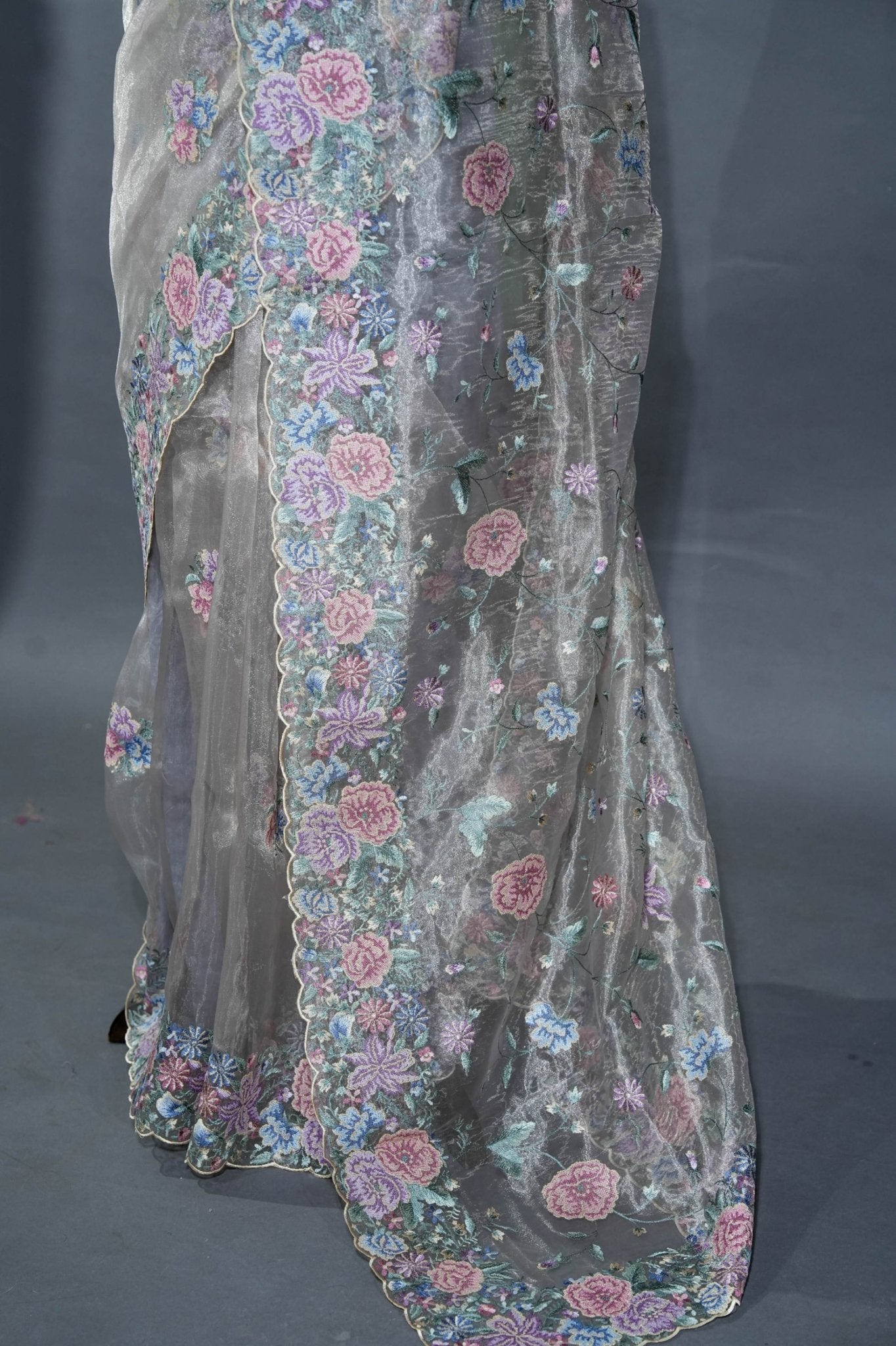 Off White Embroidery Organza Saree - Shop Vastram