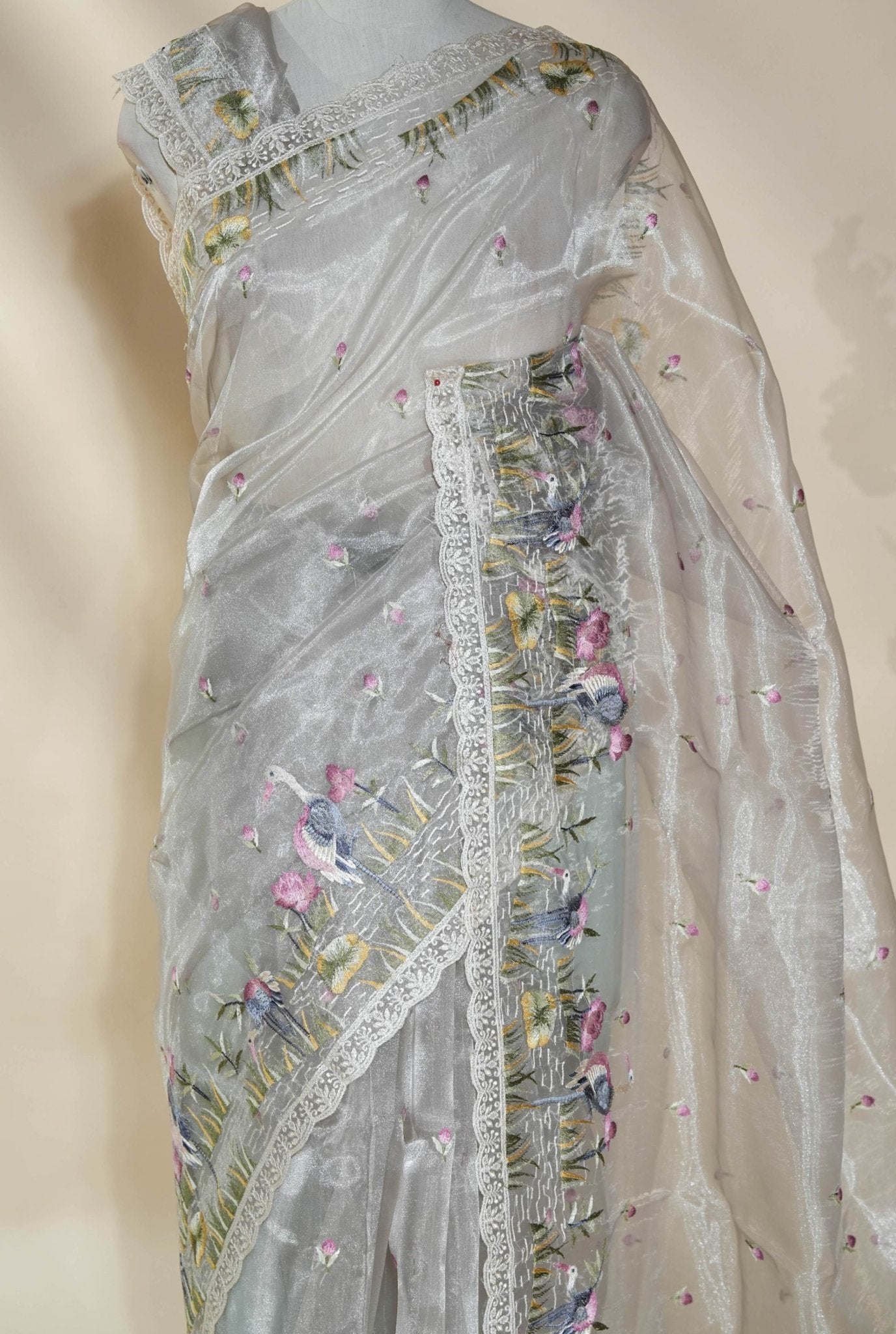 Off White Embroidery Organza Saree - Shop Vastram