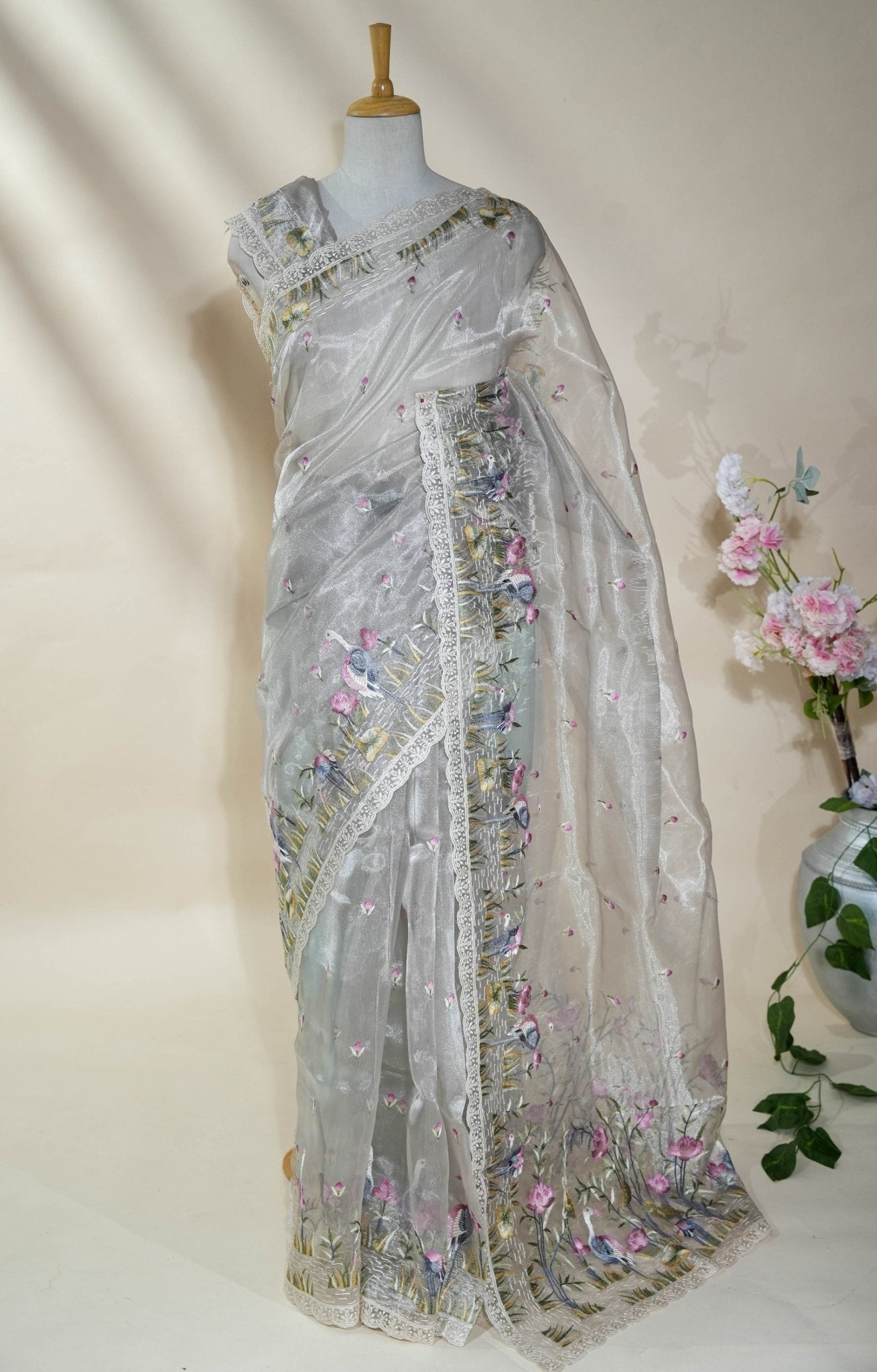 Off White Embroidery Organza Saree - Shop Vastram