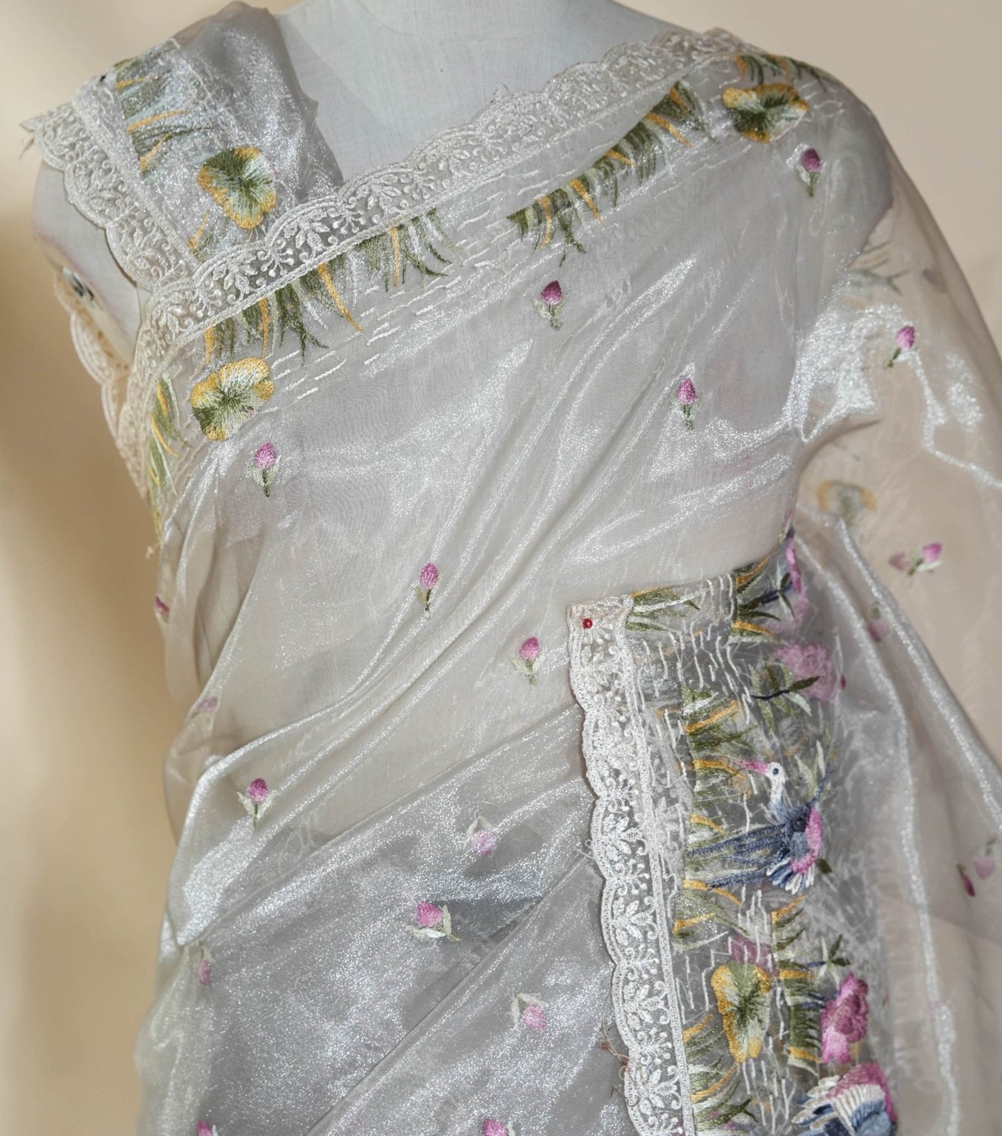 Off White Embroidery Organza Saree - Shop Vastram