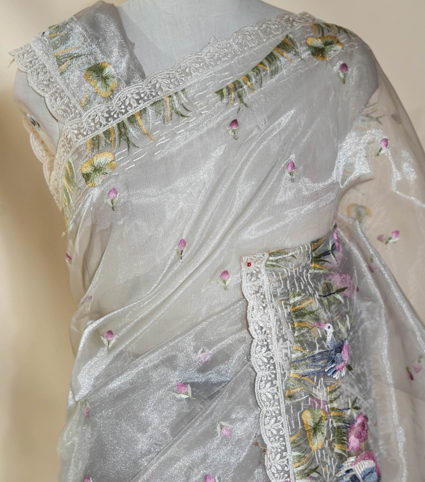Off White Embroidery Organza Saree - Shop Vastram