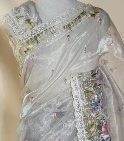 Off White Embroidery Organza Saree - Shop Vastram
