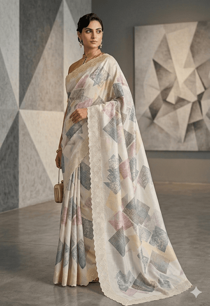 Off - White Geometric Print Saree with Scalloped Lace Border - Shop Vastram