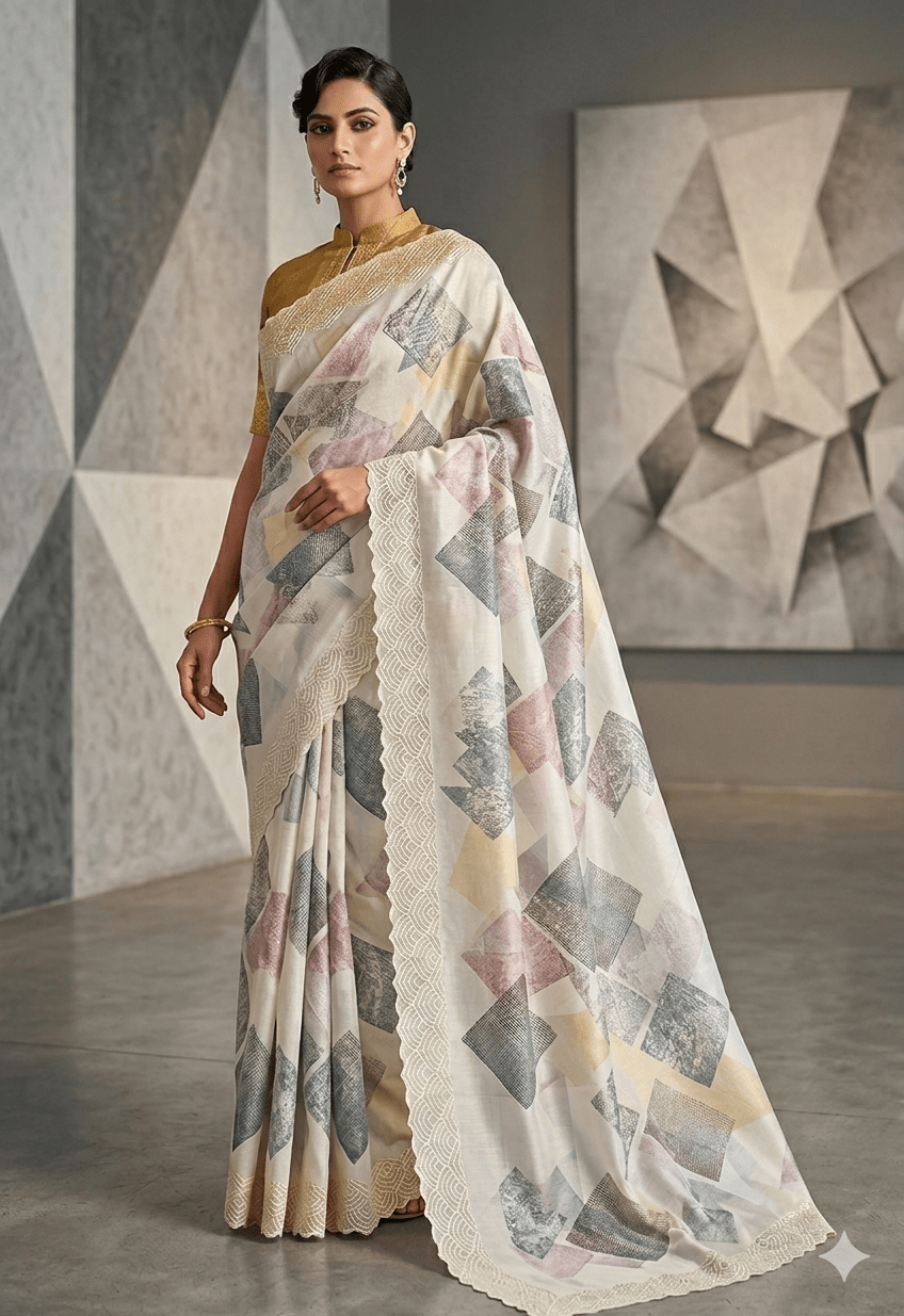 Off - White Geometric Print Saree with Scalloped Lace Border - Shop Vastram